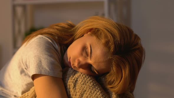 Pensive Woman Hugging Knees, Morning Sunshine Filling Room, Romantic Dream alt