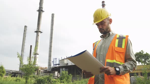 Civil Engineer in Helmet and Safety Vest Inspecting Structure and Looking the Blueprints alt