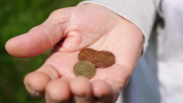 Poor Senior Woman Hands Holding Euro Coins. alt