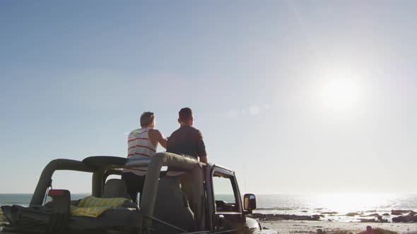 Happy caucasian gay male couple standing in car raising arms and holding hands on sunny day at beach alt