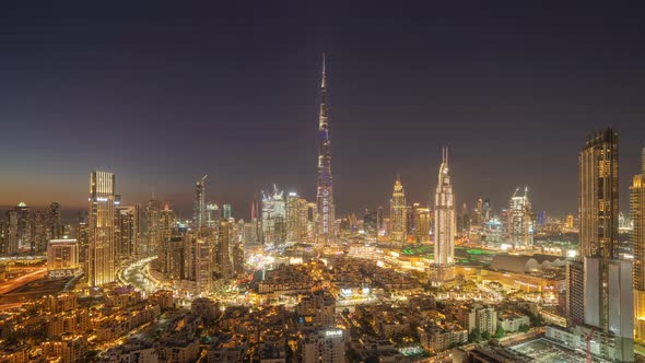 Time lapse of Dubai Downtown skyline, highway roads or street in United Arab Emirates or UAE alt