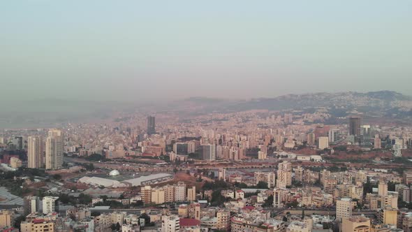 A drone shot of Beirut during sunset time