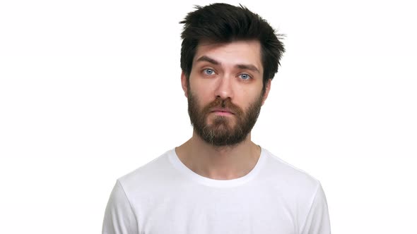 Caucasian Man Carefully Listening Saying No on White Background alt