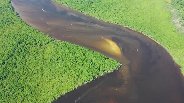 Peaceful dark river scene at coastal city of Itanhaem Sao Paulo Brazil. alt