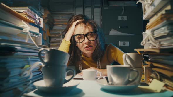 Exhausted stressed office worker having too many coffees
