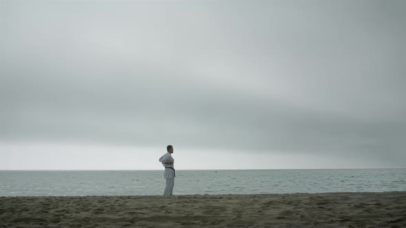 Active Sportsman Practicing Martial Arts on Beach alt