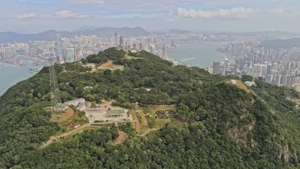 Aerial view of peak with the signal tower in Hong Kong. alt