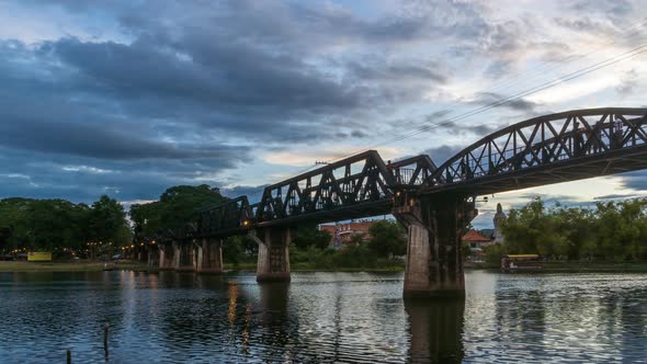 River Kwai Bridge, and Death Railway, Kanchanaburi, Thailand; day to night, zoom out - Time Lapse