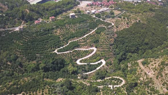Amazing landscape with high hills covered by green trees, curved narrow road and houses alt