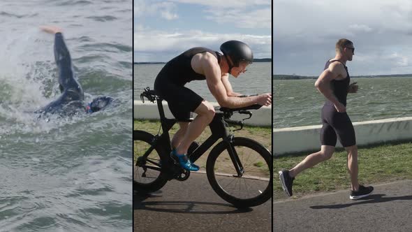 Triathlon Championship Split Screen Video of a Professional Athlete a Man Running Swimming and alt