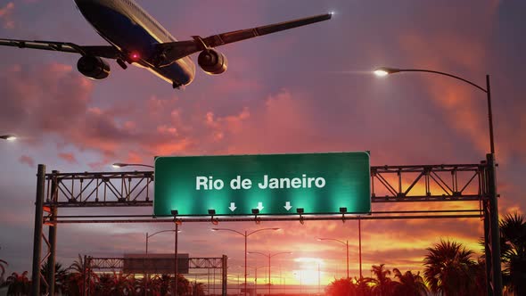 Airplane Landing Rio De Janeiro During a Wonderful Sunrise alt