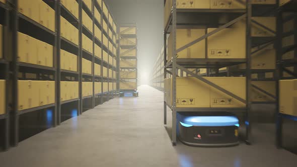 Warehouse industry autonomic robots carrying metal shelves with cardboard boxes. alt