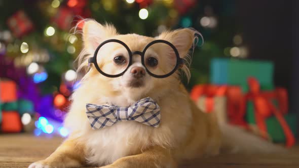 cute white brown tiny lapdog sit relax in christmas festive decorating items alt