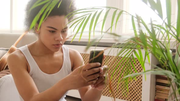 African american woman takes pictures photographing of a dry house plant uses a smart phone. alt