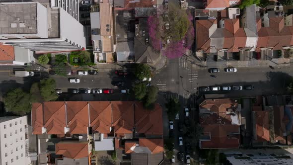 Drone Image, Flying Pointing Down, Cars Passing On A Street