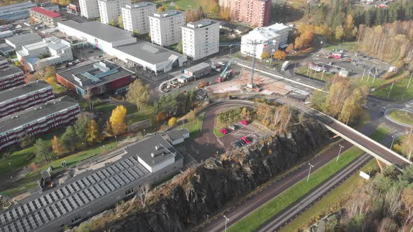 Bergsjon Rymdtorget Apartment Buildings and Construction Site Aerial Forward alt