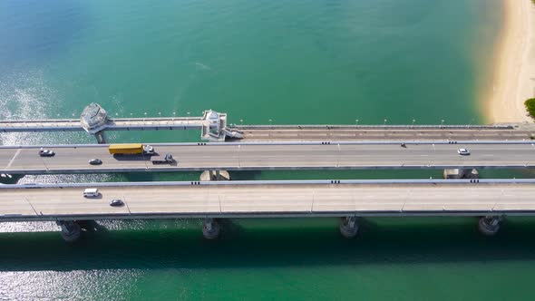 Aerial view top down view Sarasin Phuket Bridge transport over sea. Transport concept. alt