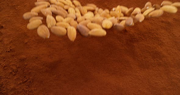 Almonds Falling in Black Chocolate Powder, Slow Motion 4K alt