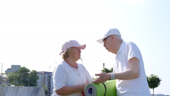 Two American retirees talking in the park, sports training alt