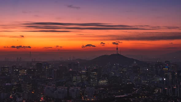 Time Lapse Seoul City Skyline and Seoul Tower at Sunrise South Korea