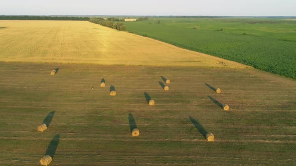 Aerial View Hay Bales at Agricultural Field in Summer at Sunset Haystack alt