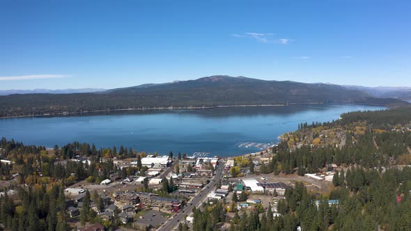 Large aerial of Payette Lake with the town of McCall on the side of the water. alt