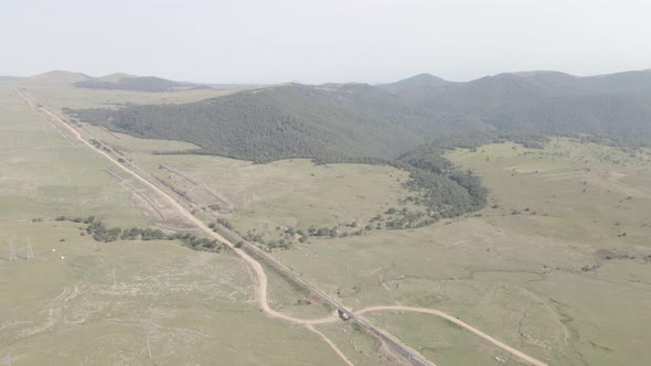 Samtskhe-Javakheti, Georgia - August 23 2021: Aerial view of Bedeni railway station alt