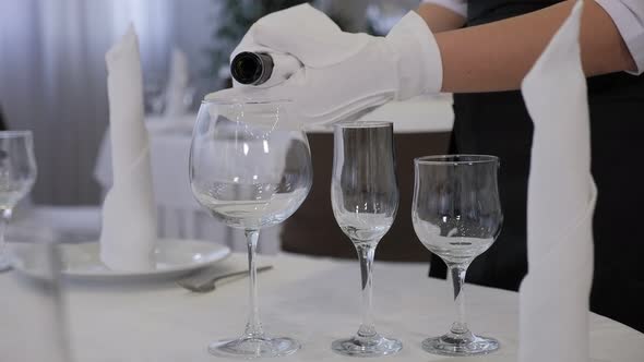 Closeup of a Female Waitress Pouring Red Wine Into a Glass in a Restaurant alt