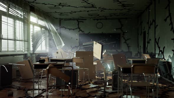 Strange things in the demolished classroom. Dark red stuff spreading on walls. alt