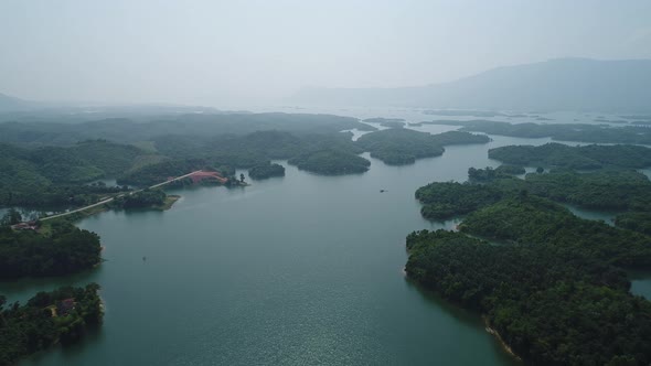 Vang Vieng water reservoir in Laos seen from the sky alt