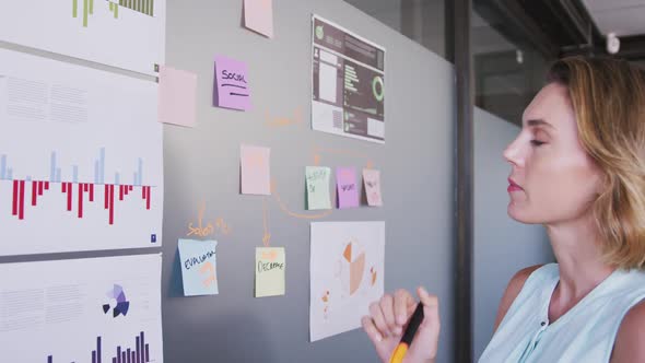 Professional businesswoman writing on white board with marker in modern office in slow motion alt