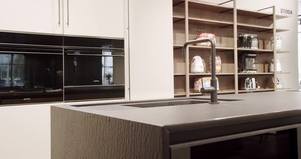 Modern Kitchen room with minimalist dining table. Modern Minimalist Home. alt