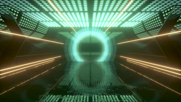 Go through the futuristic room with glowing neon lights.