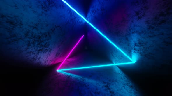 Iridescent Neon Ray Moving Inside Triangle Dark Tunnel