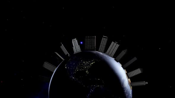 Night planet is the earth in space. Animation of large buildings appearing on the planet