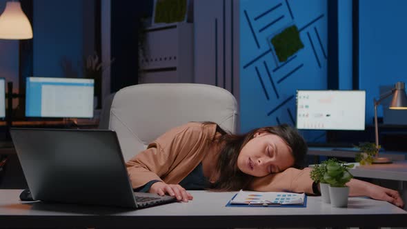Businesswoman Sleeping While Working at Accounting Statistics in Company Office alt