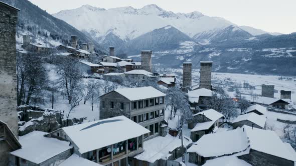 Svaneti Village In Winter Aerial View