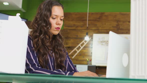 Young Female Architect Taking Notes on Her Laptop While Working on Building Model alt