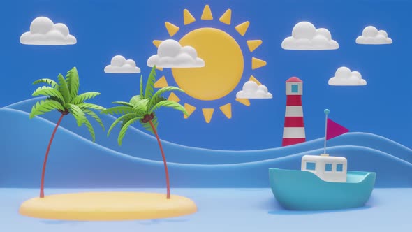 Cartoon 3D landscape with palm trees