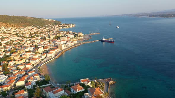Aerial View of Spetses Old Town and Marina or Seaport Greece  Drone Videography alt