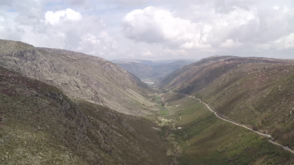 Aerial drone view of Vale Glaciar do Zezere valley in Serra Estrela, Portugal alt