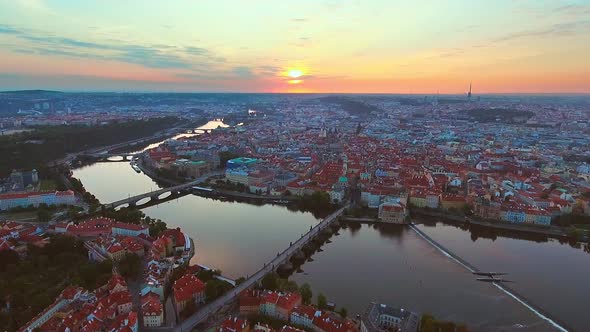 View From Above on the Cityscape of Prague, Flight Over the City, Top View