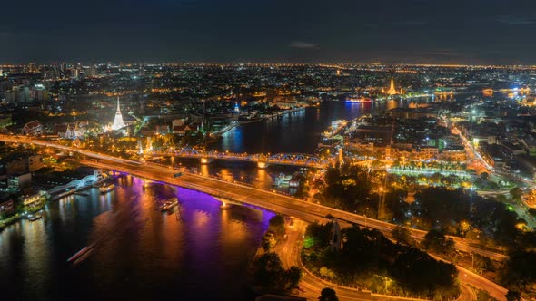 Time lapse of white Prayoon Pagoda, Memorial Bridge, and Phra Pok Klao Bridge in Bangkok, Thailand. alt