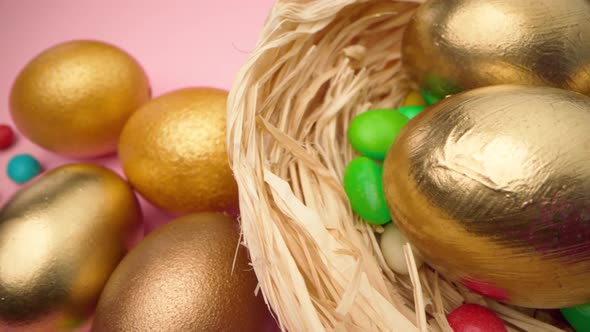 Easter Egg with Colorful Candies in a Basket Close Up