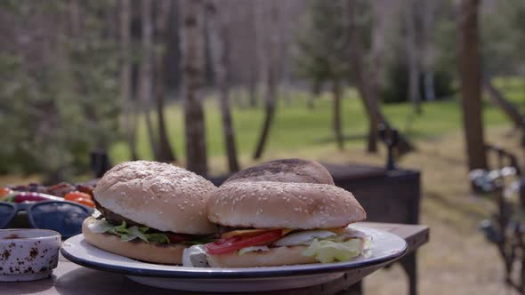 Person's Hands Picking Up Big Gourmet Burgers From Plate Outdoors at Cook-out