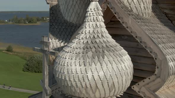 a Cinematic Shot From the Air Around the Wooden Walkway of Kizhi alt