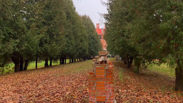 Garden at the old Castle in autumn, shooting from the steadicam alt