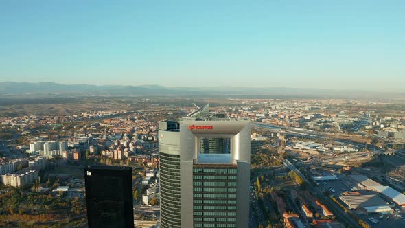 Aerial Shot of Top of Modern Skyscrapers in Cuatro Torres Business Area alt