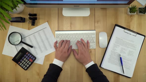 Businessman Working On Computer And Signing Document Flat Lay alt
