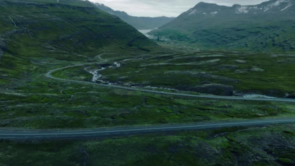 Drone Shot of Epic Winding Road in Iceland Fjord
